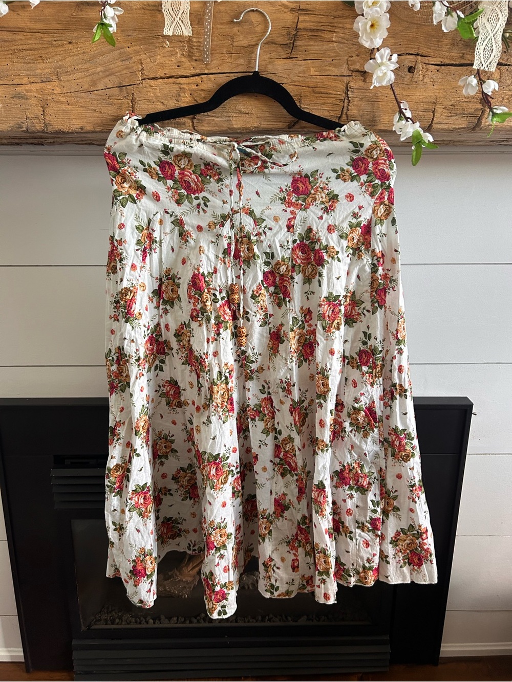 Floral Cotton Midi Skirt - White with Pink & Green Floral